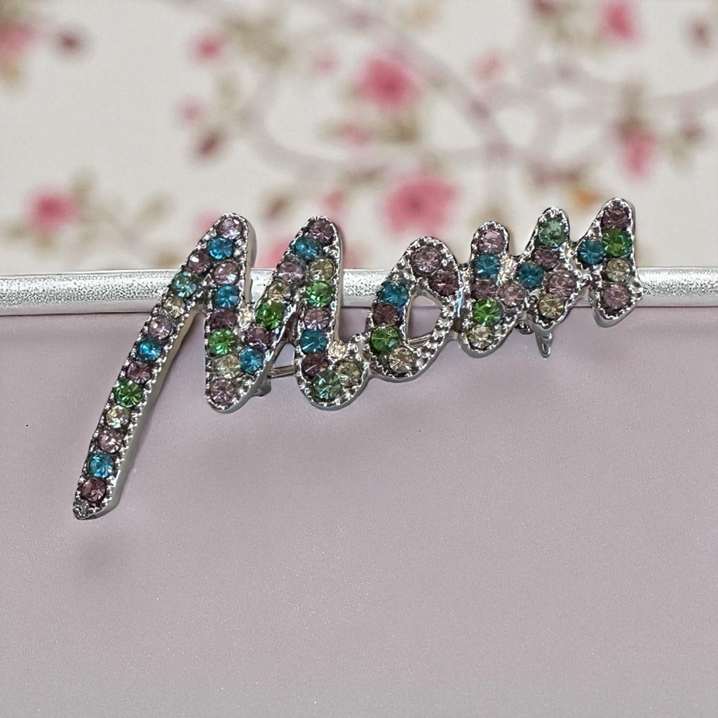 Rhinestone "Mom" Multicolored Brooch Pin Nwt
